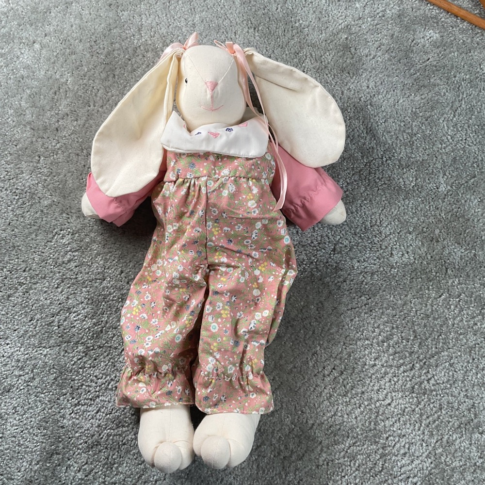 Bunny Plush Doll Unisex Large Pink Excellent Floral Overalls